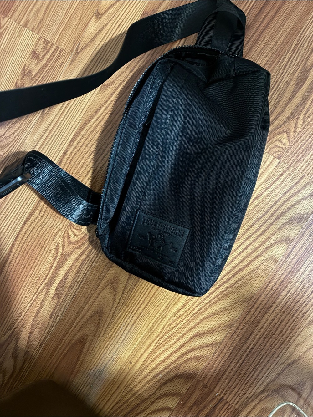 True Religion Black Nylon Crossbody Sling Bag with Logo Patch